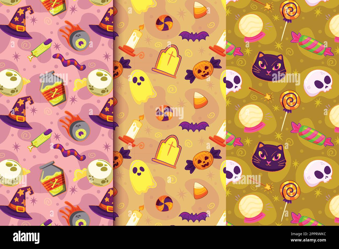 Set of three patterns with hand drawn halloween elements Stock Vector