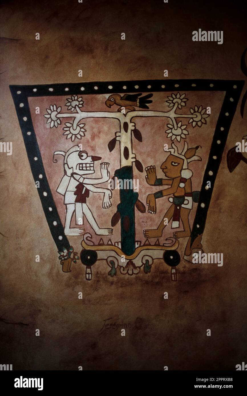 A reproduction of an old Olmec Codex painted by Carlos Feregrino decorates El Castillo del Chocolate   in Peña de Bernal, San Sebastian Bernal, Queretaro, Mexico Stock Photo