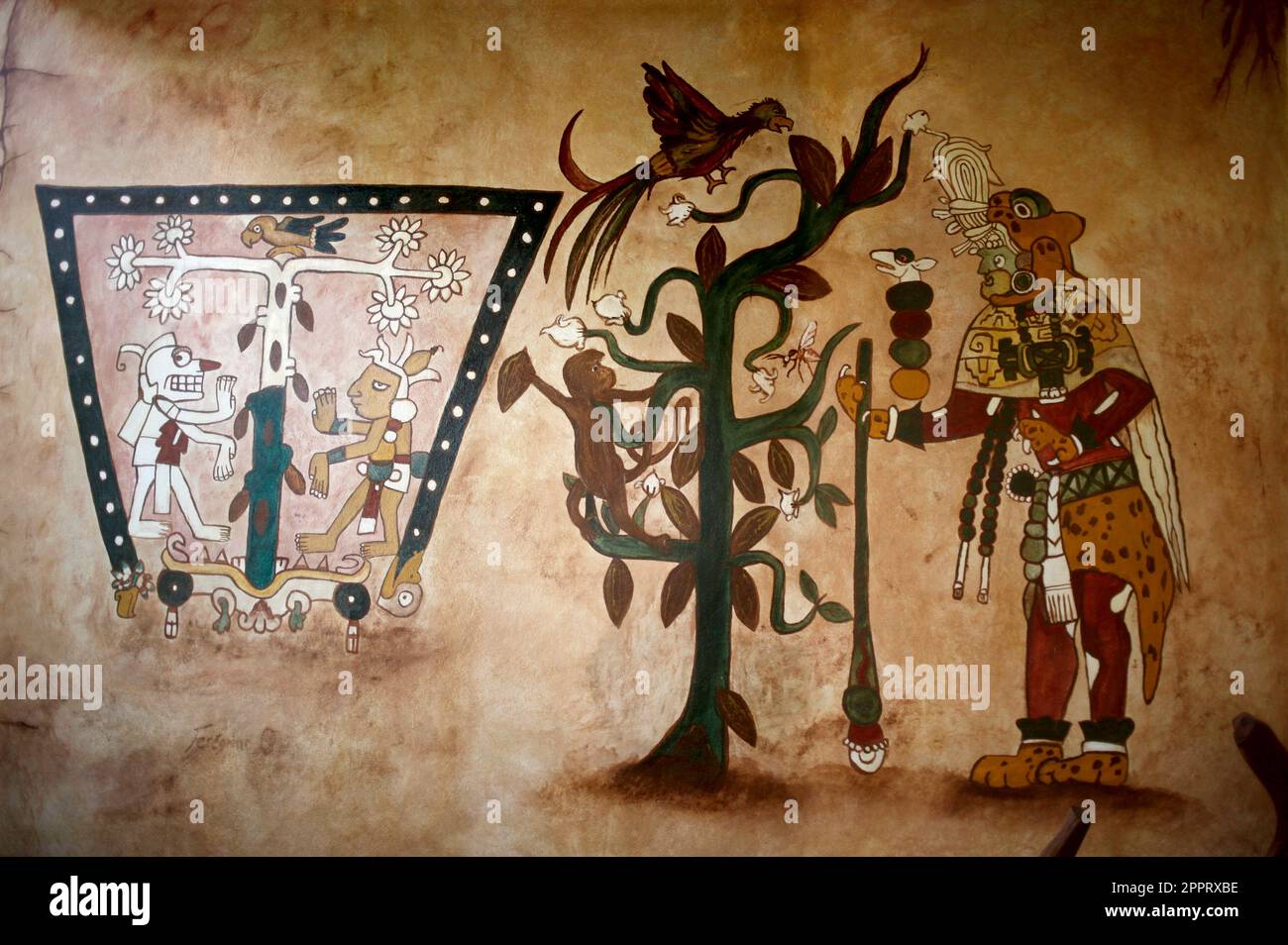 A reproduction of an old Olmec Codex painted by Carlos Feregrino decorates El Castillo del Chocolate   in Peña de Bernal, San Sebastian Bernal, Queretaro, Mexico Stock Photo