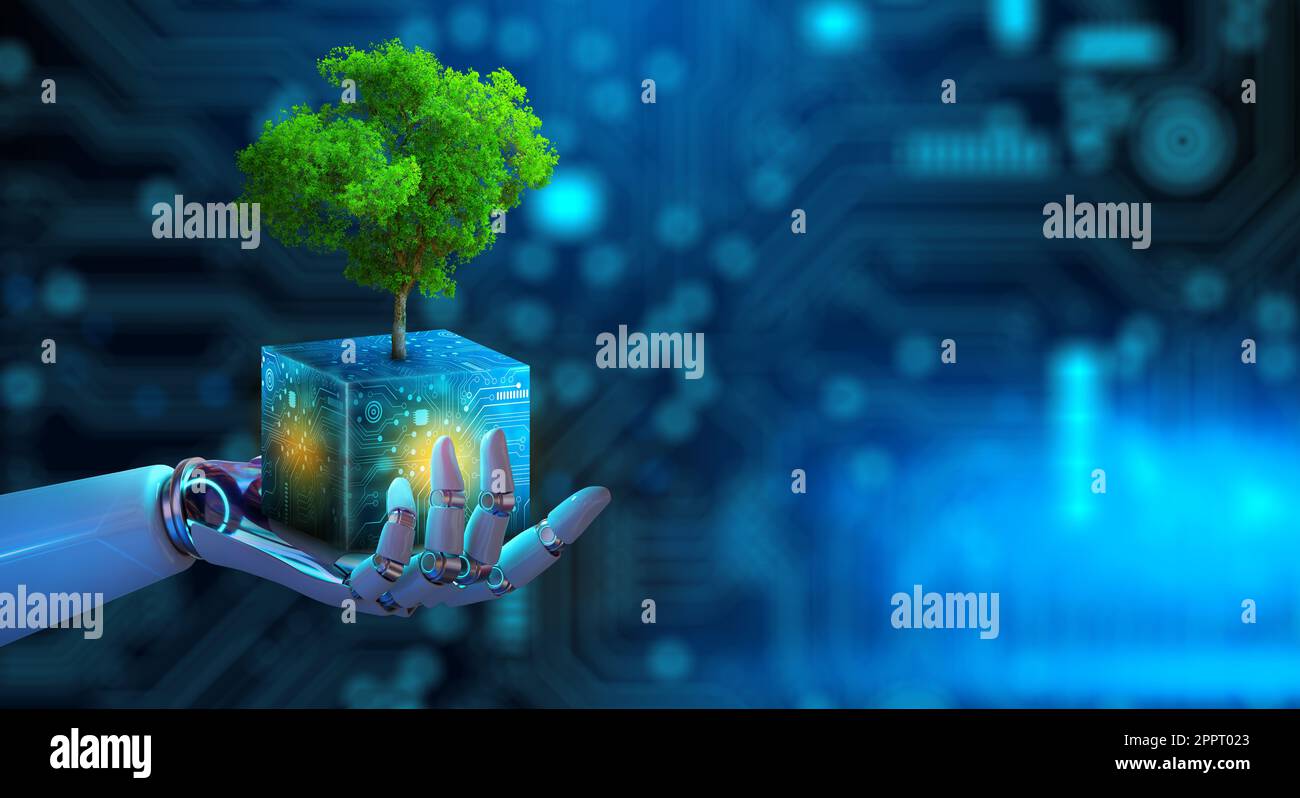 Robot hand holding Tree on digital cube with technological convergence ...