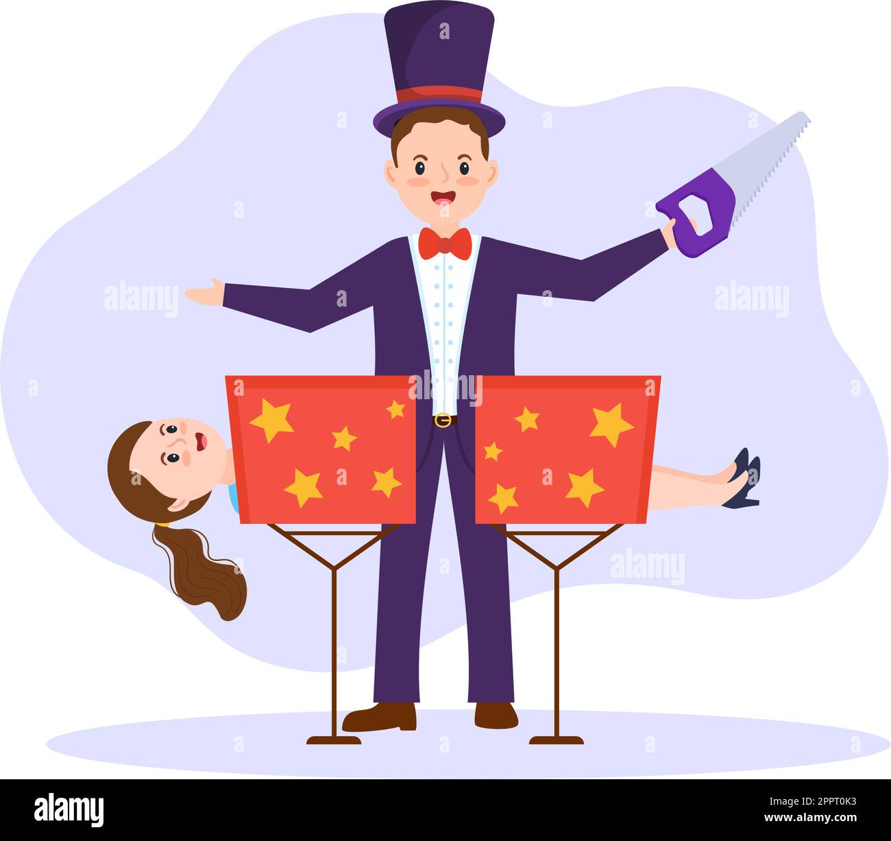 Magician Illusionist Conjuring Tricks and Waving a Magic Wand above his Mysterious Hat on a Stage in Template Hand Drawn Cartoon Flat Illustration Stock Vector