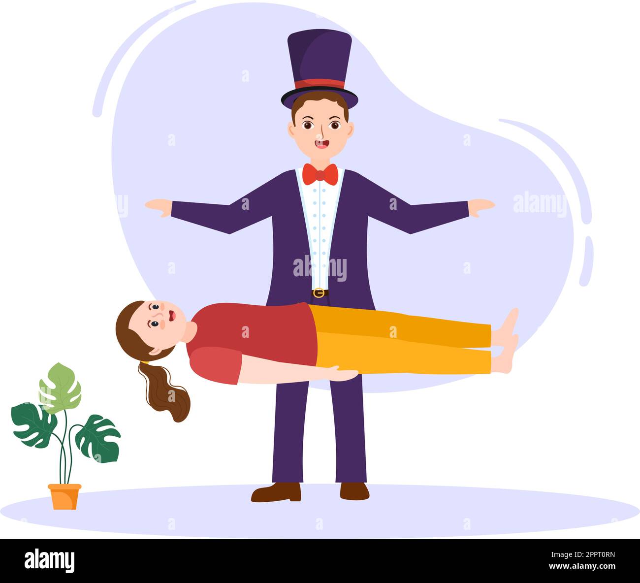 Magician Illusionist Conjuring Tricks and Waving a Magic Wand above his Mysterious Hat on a Stage in Template Hand Drawn Cartoon Flat Illustration Stock Vector
