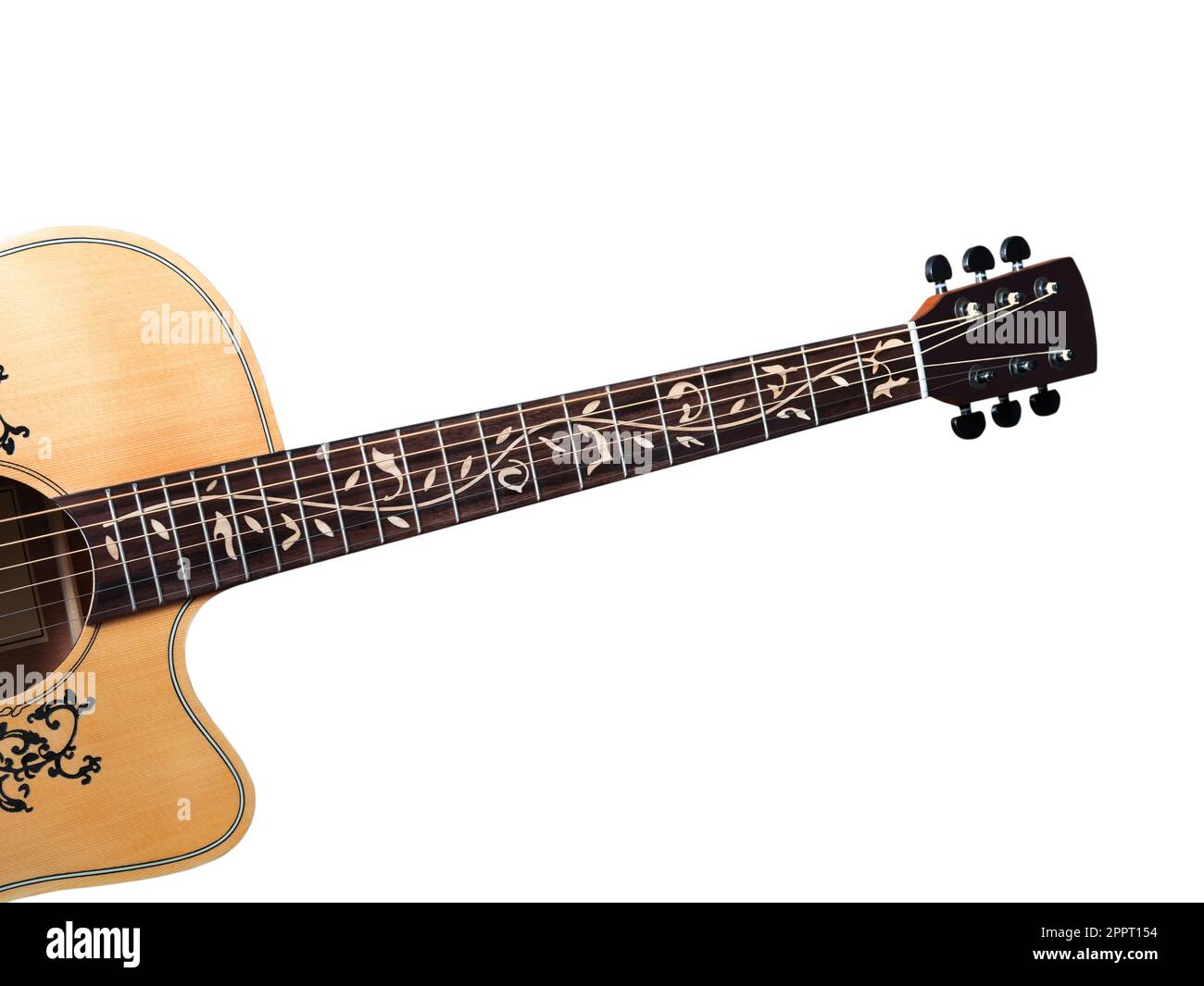 acoustic guitar, flower Inlay on Fingerboard around sound hole, with