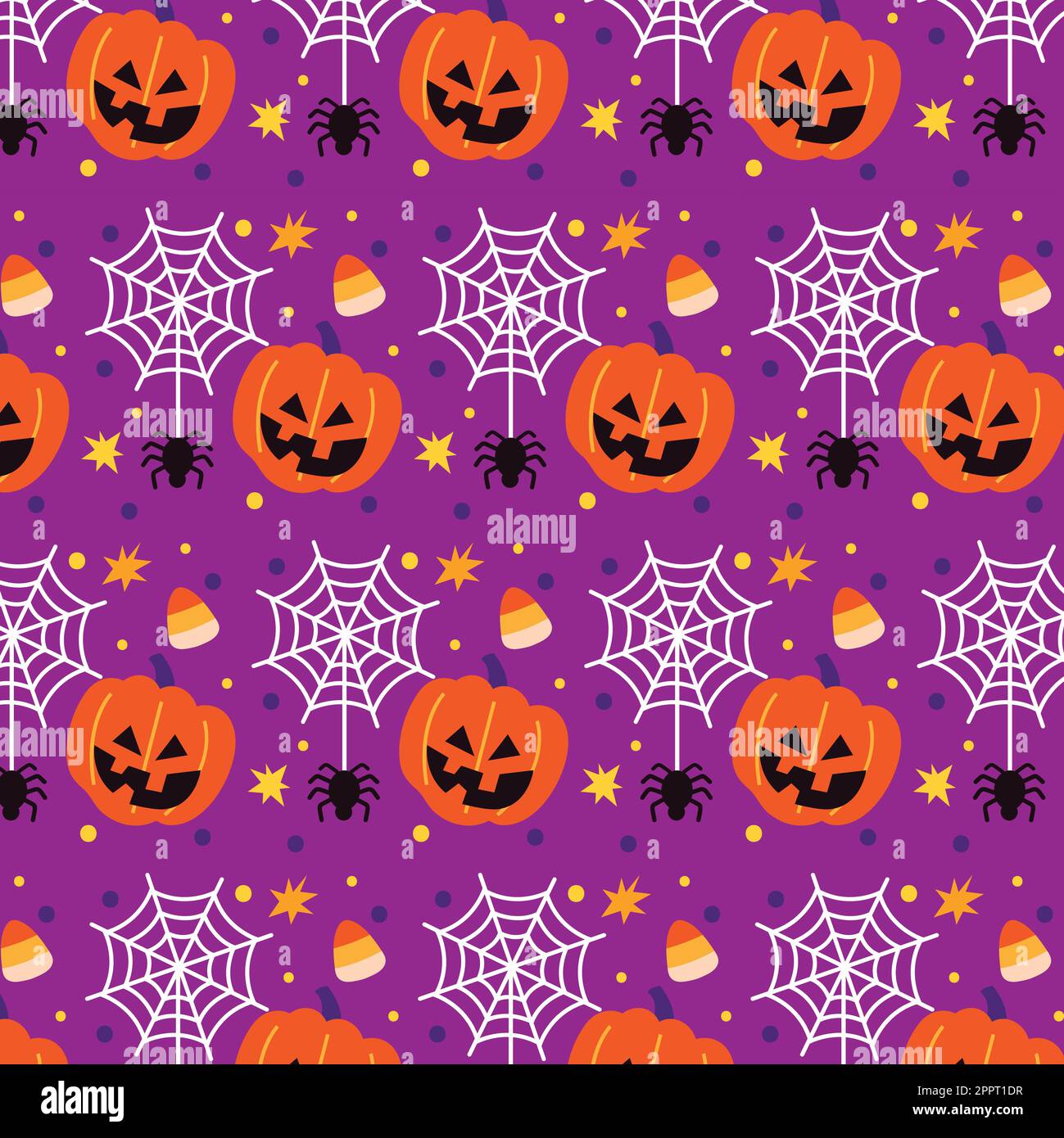Bright seamless pattern with pumpkins and spiders on purple background Stock Vector