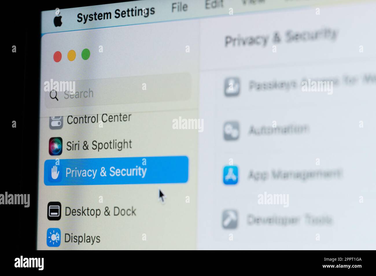 New york, USA - April 20, 2023: Privacy and security settings for macOs  on laptop screen close up view Stock Photo
