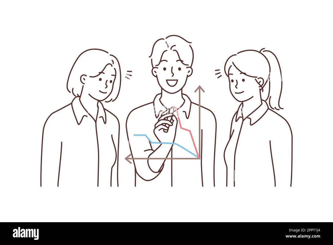 Smiling businesspeople work discuss financial chart Stock Vector