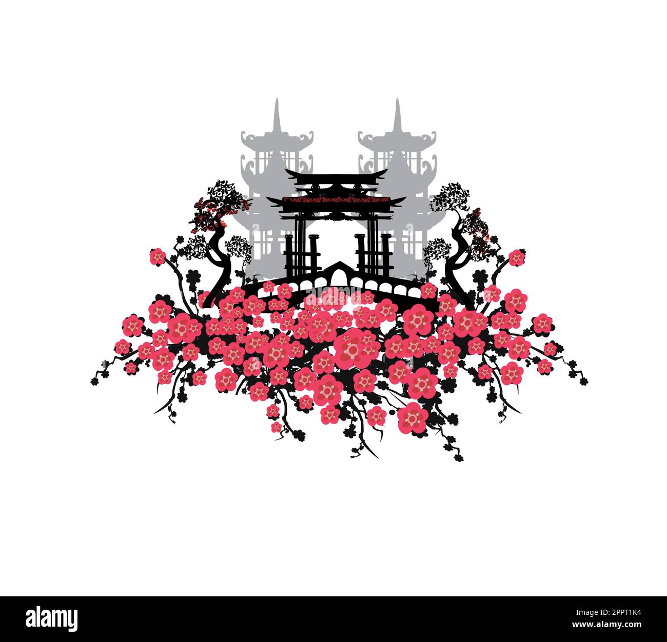 Japanese city with traditional architecture - beautiful decorative banner with  buildings and cherry blossoms Stock Vector