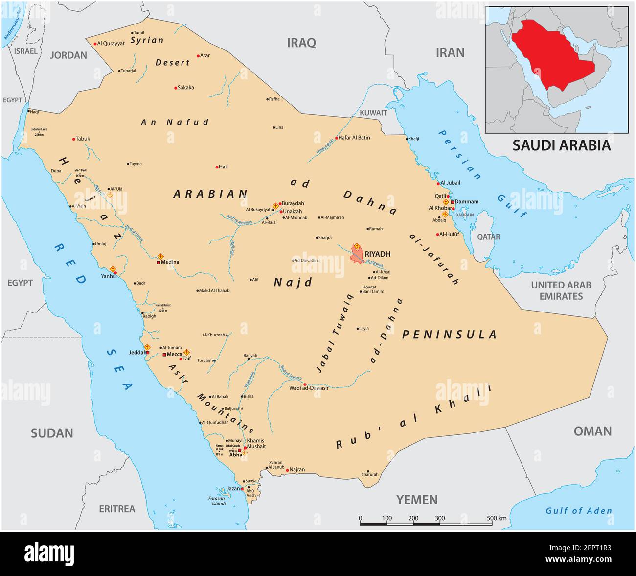 Detailed vector map of the Kingdom of Saudi Arabia Stock Vector