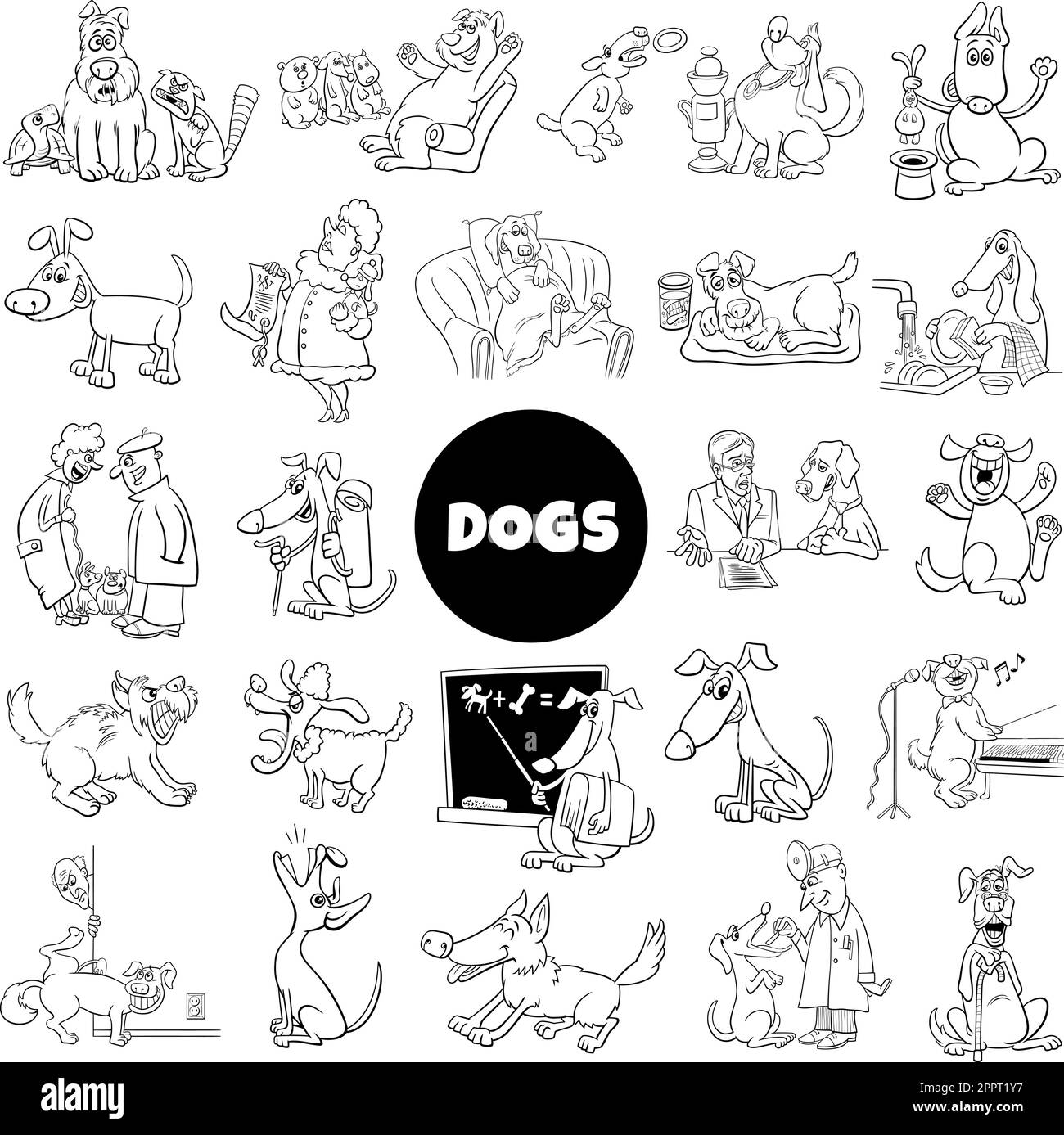 cartoon dogs and puppies characters set coloring page Stock Vector ...