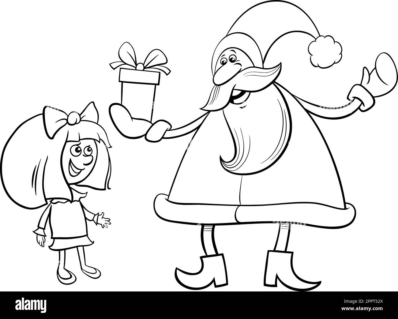 Cartoon Santa Claus Giving Presents To A Girl Coloring Page Stock cartoon-santa-claus-giving-presents-to-a-girl-coloring-page-stock