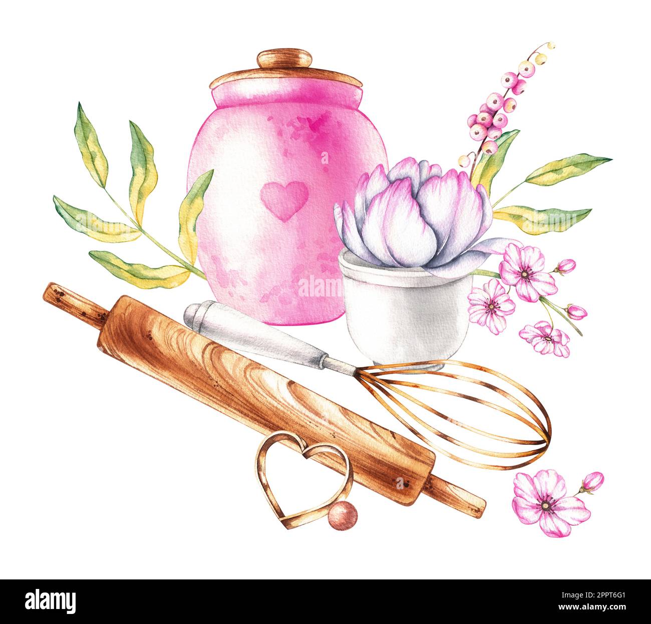 Baking tools, flowers watercolor composition on a white background