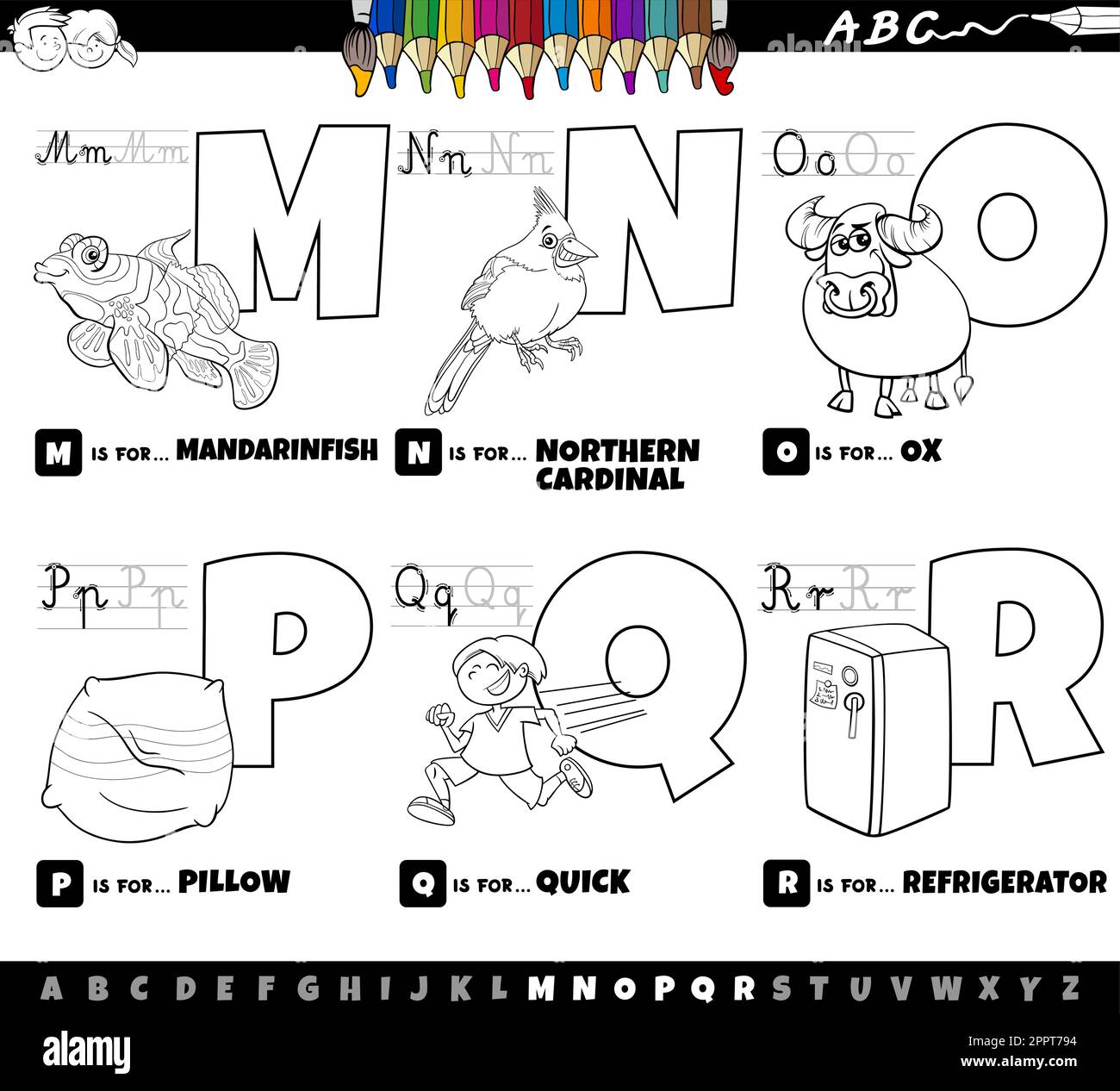 educational alphabet letters cartoon set from M to R coloring page Stock Vector
