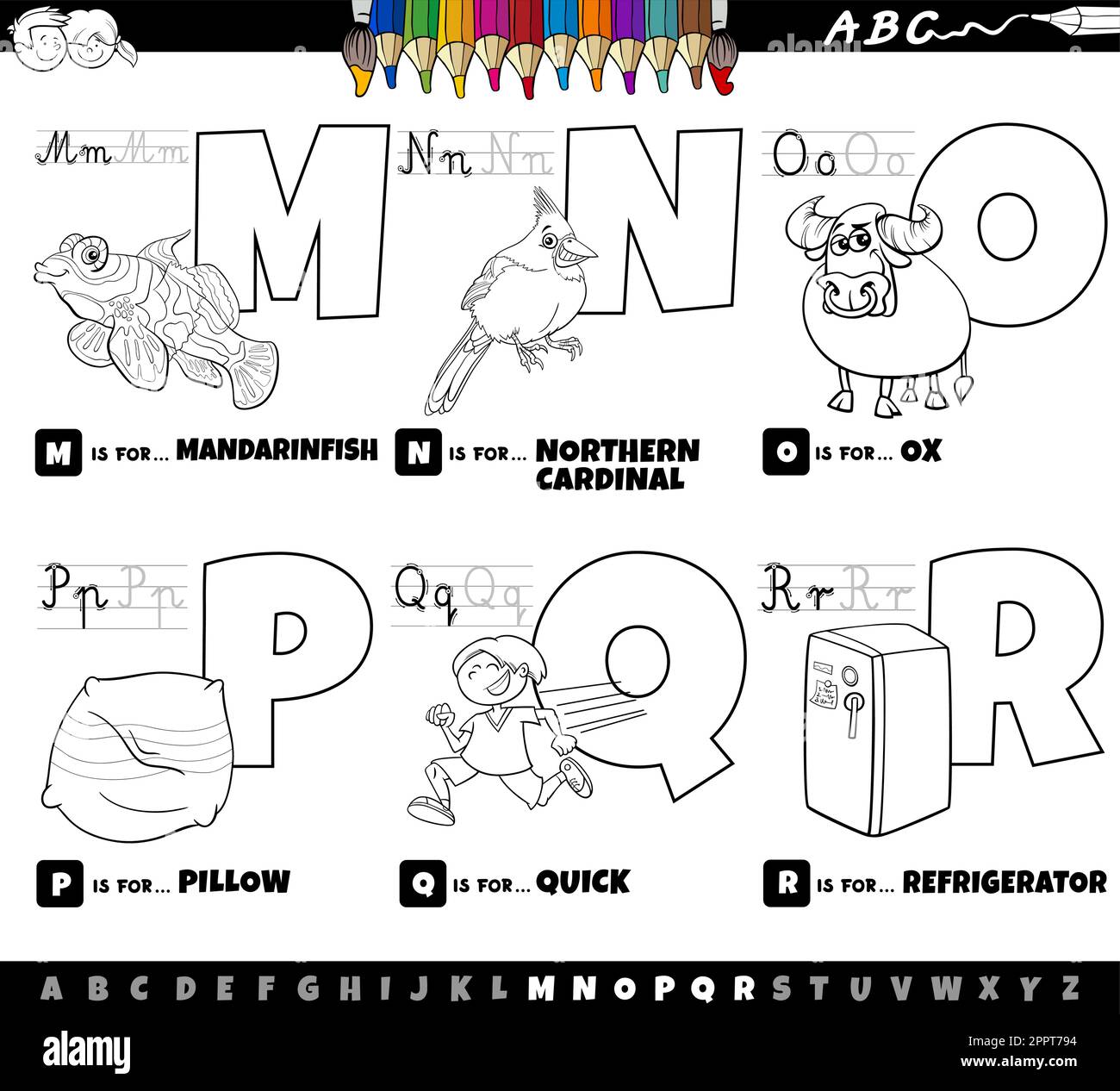 educational alphabet letters cartoon set from M to R coloring page