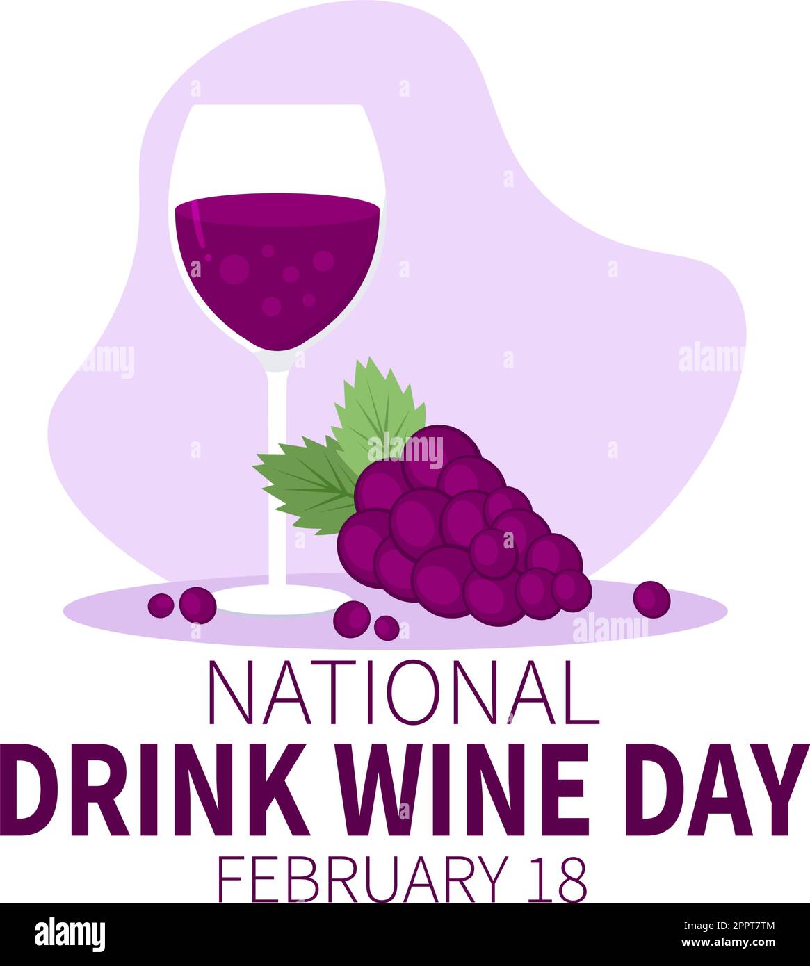 National Drink Wine Day on February 18 with Glass of Grapes and Bottle in Flat Style Cartoon