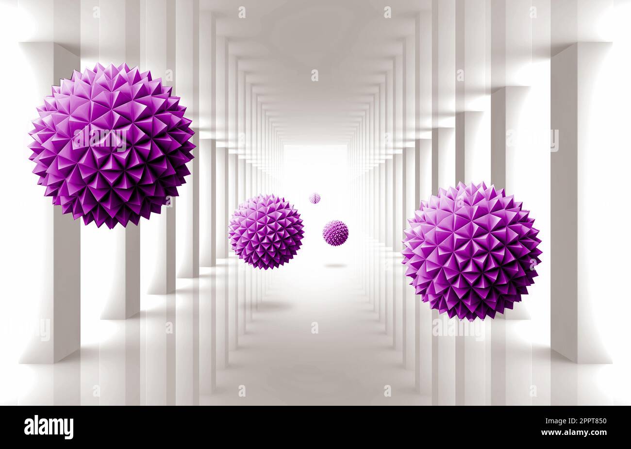 abstract 3d drawing of wallpaper from a dynamic tunnel and purple spiky balls from triangles that go into the distance Stock Photo