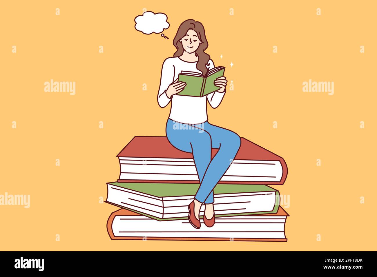 Happy woman sit on pile reading book Stock Vector
