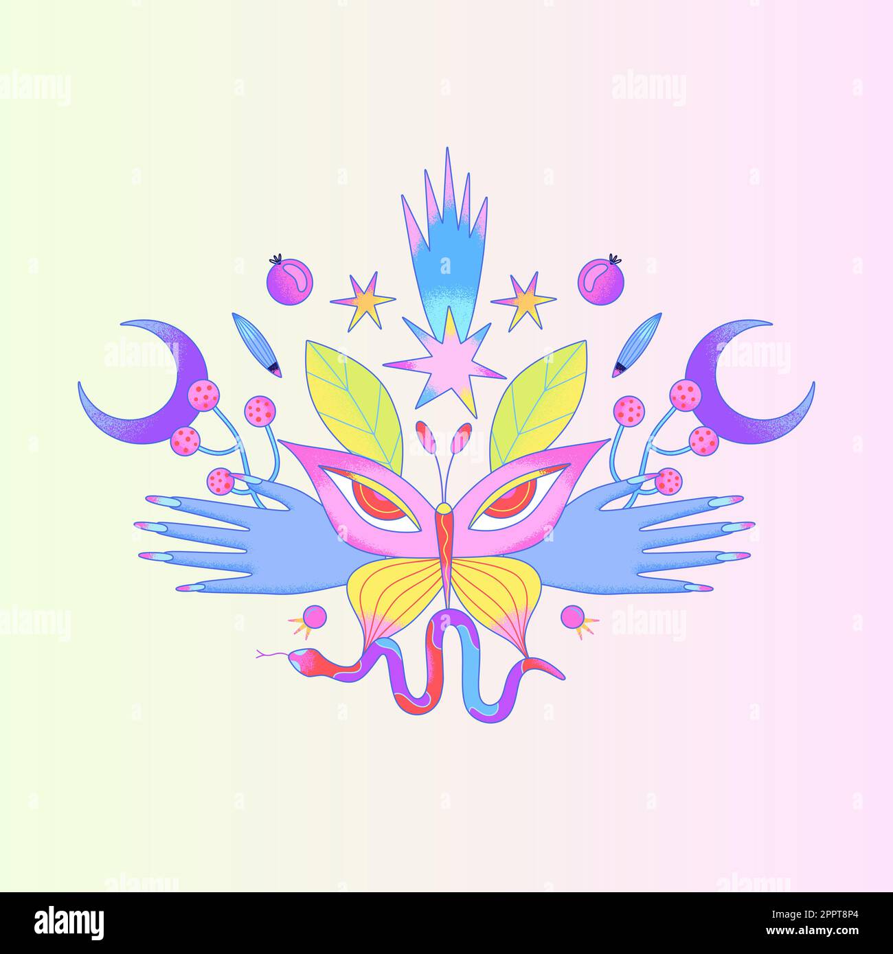 Psychedelic surreal illustration. Big butterfly with eyes, hands, stars and a snake. Contemporary art. Print for clothes, phone case, poster, notebook Stock Vector