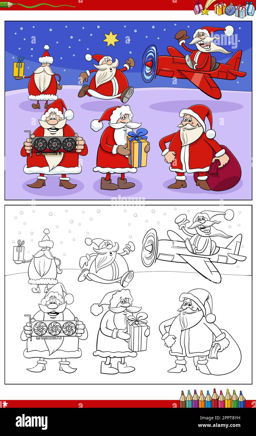 cartoon Santa Claus Christmas characters group coloring page Stock ...