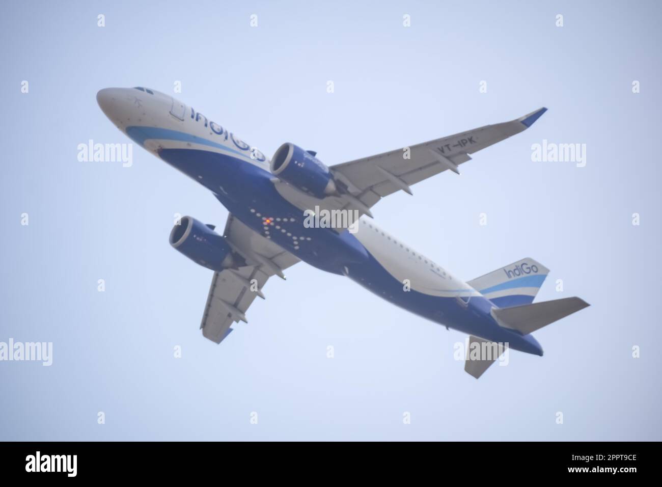 New Delhi, India, April 16 2023 - Indigo Airbus A320 take off from Indra Gandhi International Airport Delhi, Indigo domestic aeroplane flying in the b Stock Photo