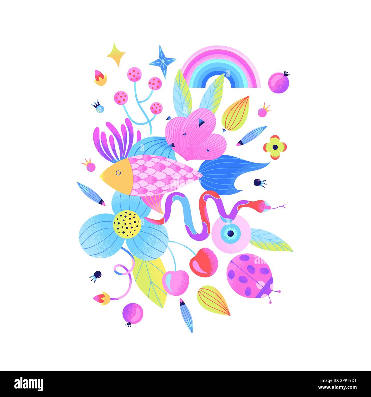 Bright psychedelic composition of fish, snake, flowers, ladybug, berries, rainbow isolated on white background. Contemporary Art. Magical and summer mood. Cover of notebook, print on t-shirt, poster Stock Vector
