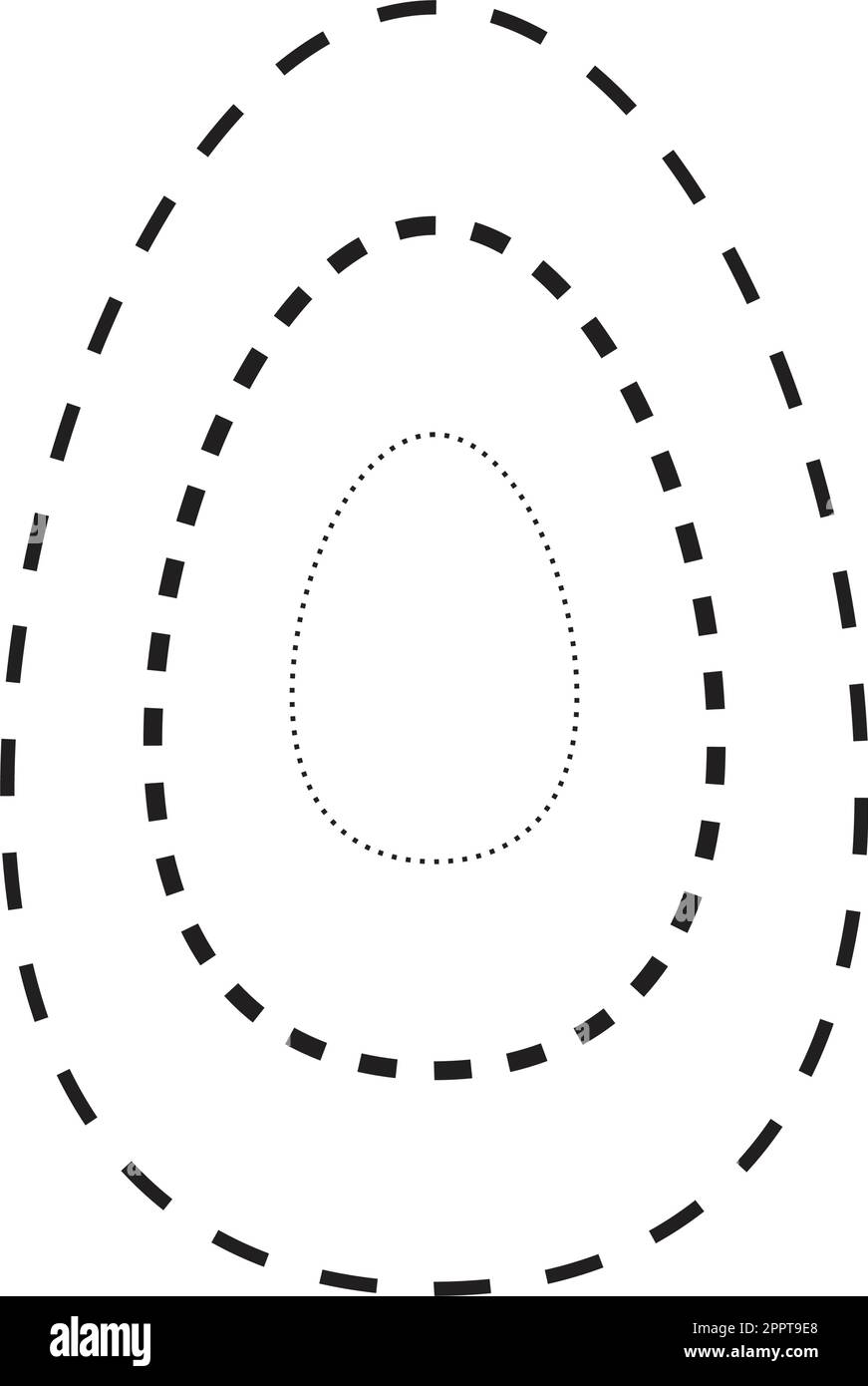 Tracing oval shape symbol, dashed and dotted broken line element for preschool, kindergarten and Montessori kids prewriting, drawing and cutting practice activities in vector illustration Stock Vector