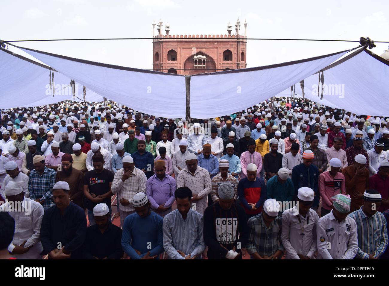 Muslim Devotees offer last Friday prayers of the holy Fasting month of Ramadan , at Jama Masjid , old Delhi on April 21 , 2023 Stock Photo