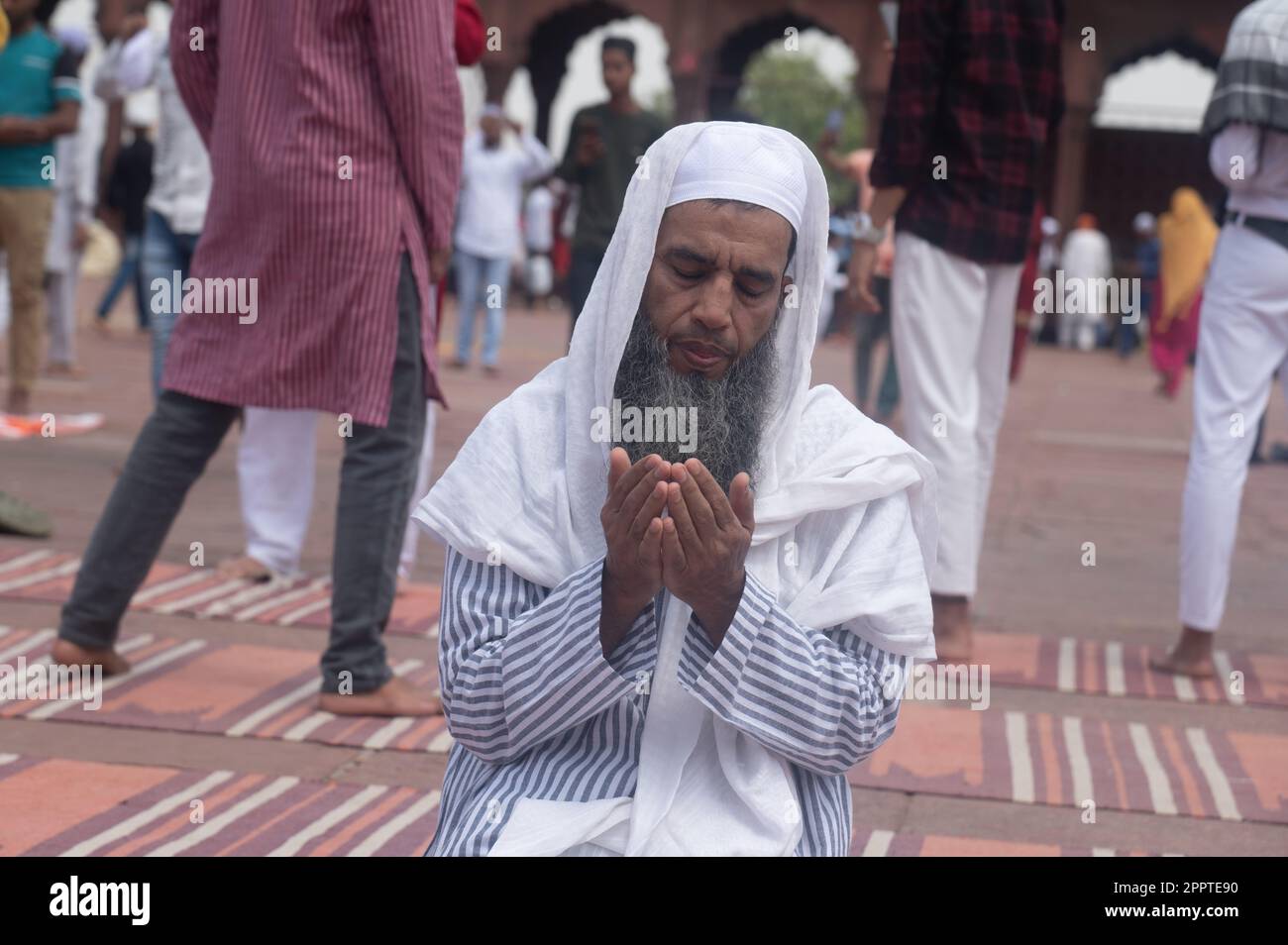 Muslim Devotees offer last Friday prayers of the holy Fasting month of Ramadan , at Jama Masjid , old Delhi on April 21 , 2023 Stock Photo