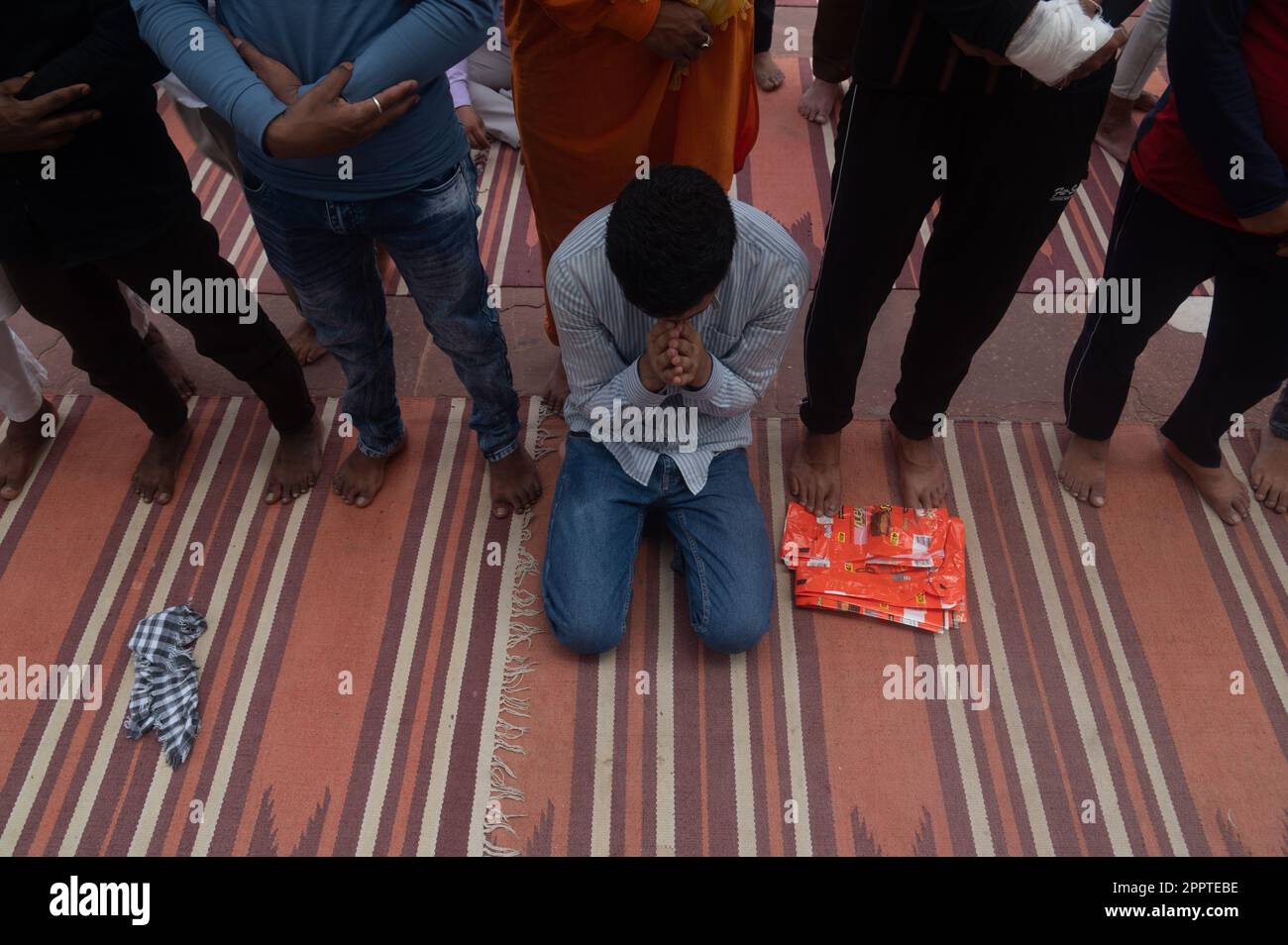 Muslim Devotees offer last Friday prayers of the holy Fasting month of Ramadan , at Jama Masjid , old Delhi on April 21 , 2023 Stock Photo