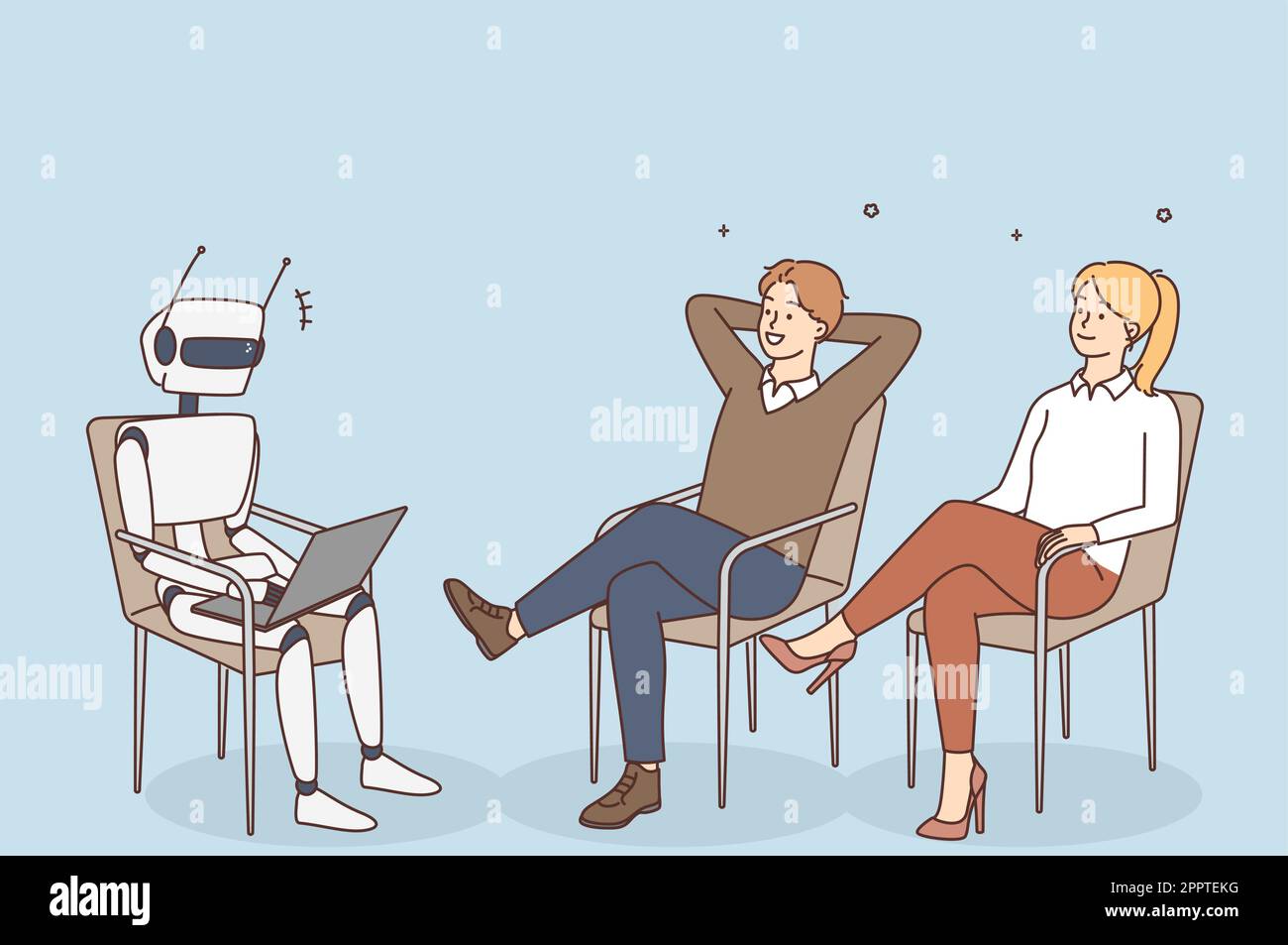 Businesspeople watch robot working on computer Stock Vector