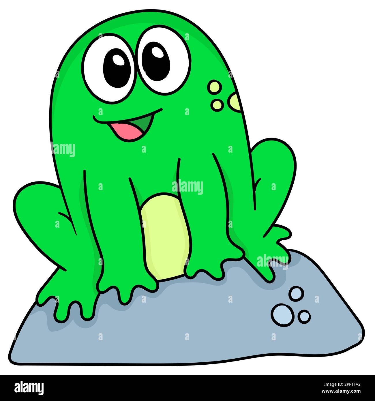 a cute frog is sitting on a rock, doodle kawaii. doodle icon image Stock Vector