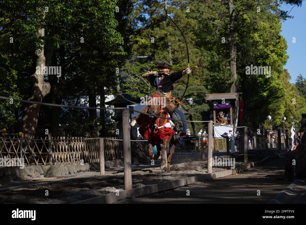 Yabusame (Japanese horseback archery) archer aims on target. 65th