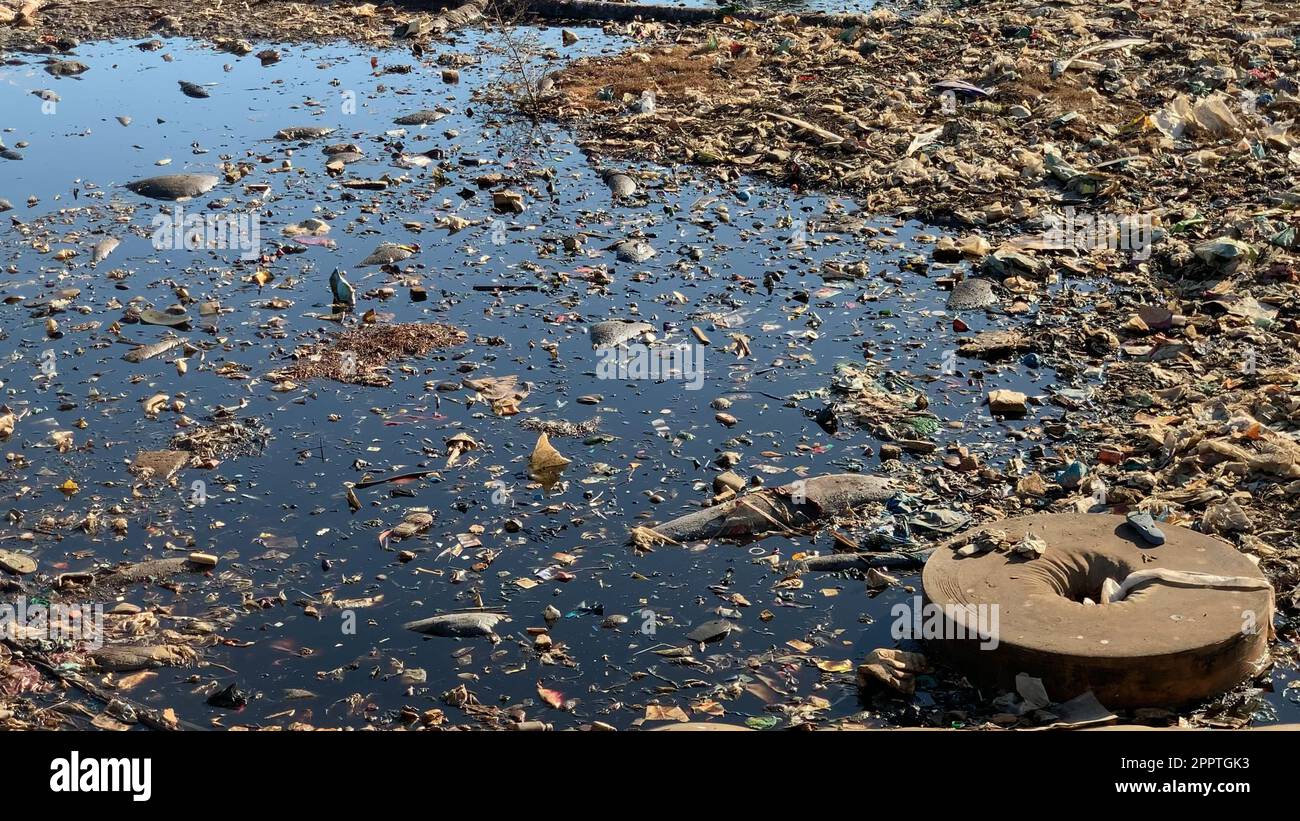 Plastic bottles and other nondegradable waste in water polluting water