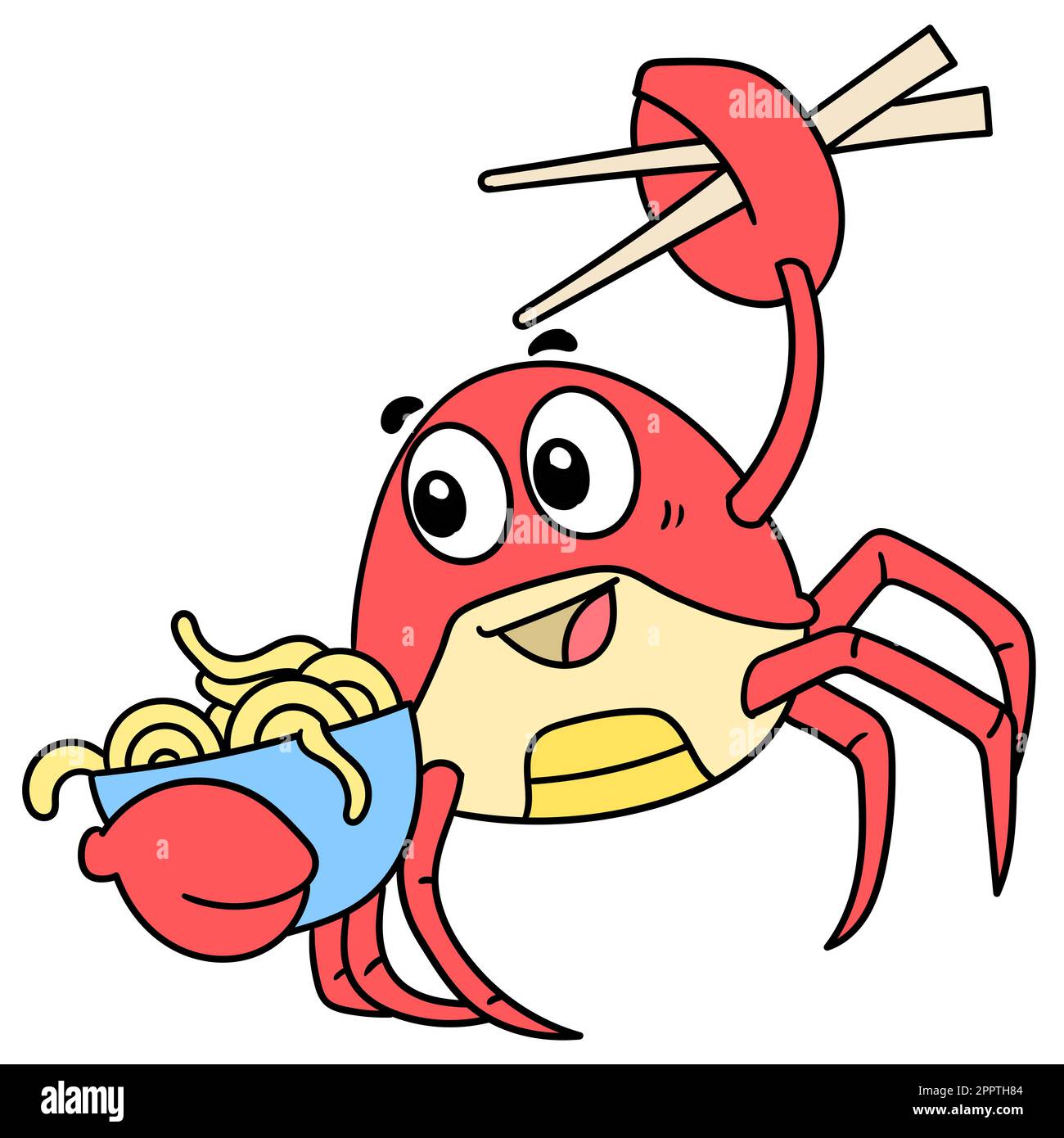 the red crab mascot carrying a bowl of noodles, doodle icon image Stock