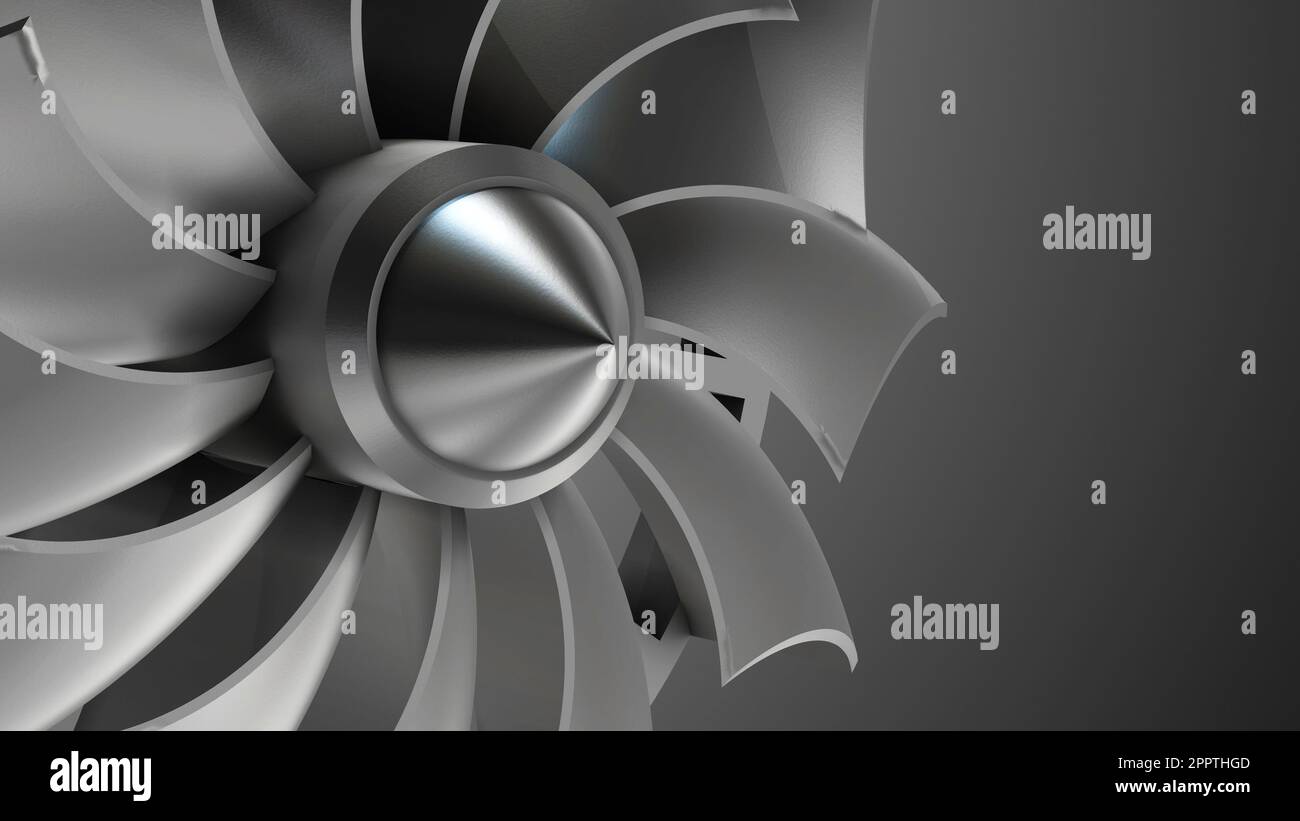 3D Rendering jet engine, close-up view jet engine blades. Closeup shot of spinning jet engine front fan. Stock Photo