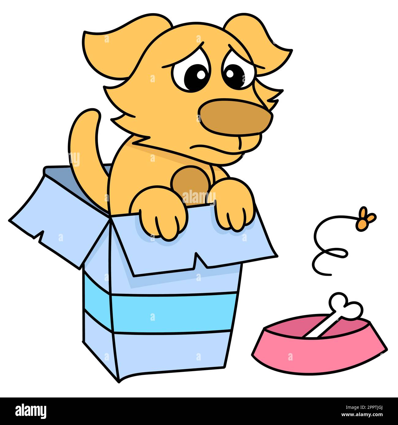 dog pity in a cardboard box and a bone, doodle kawaii. doodle icon image Stock Vector