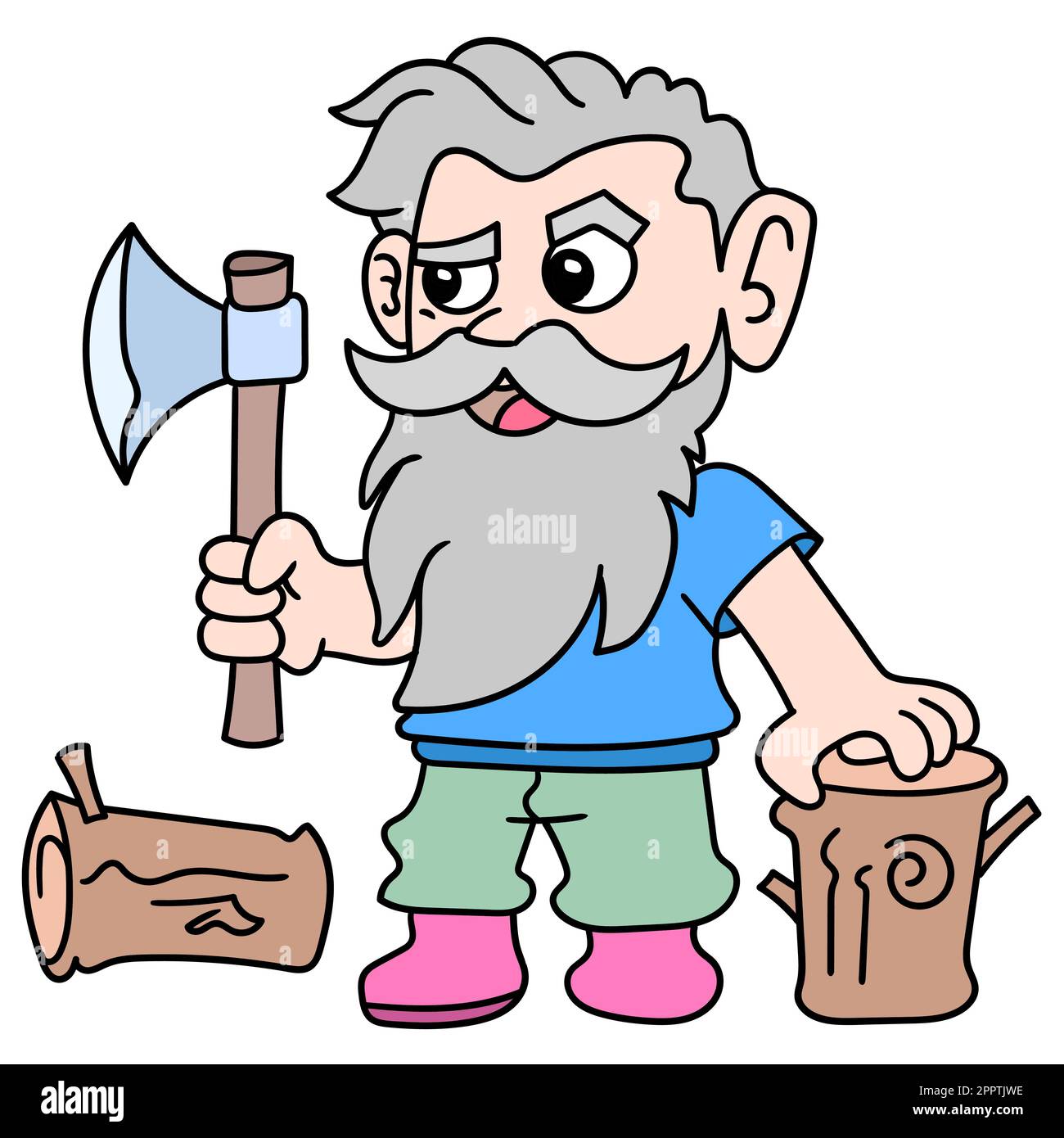 old woodcutter carrying ax chopping wood, doodle icon image kawaii Stock Vector