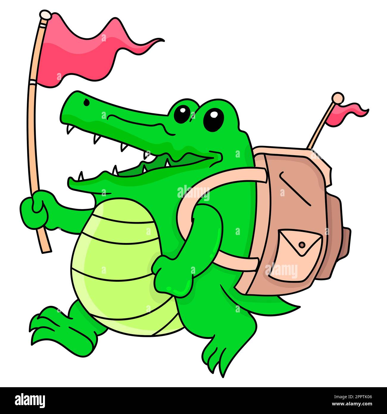 a green crocodile boy carrying a bag with a happy face goes on an adventure, doodle icon image kawaii Stock Vector