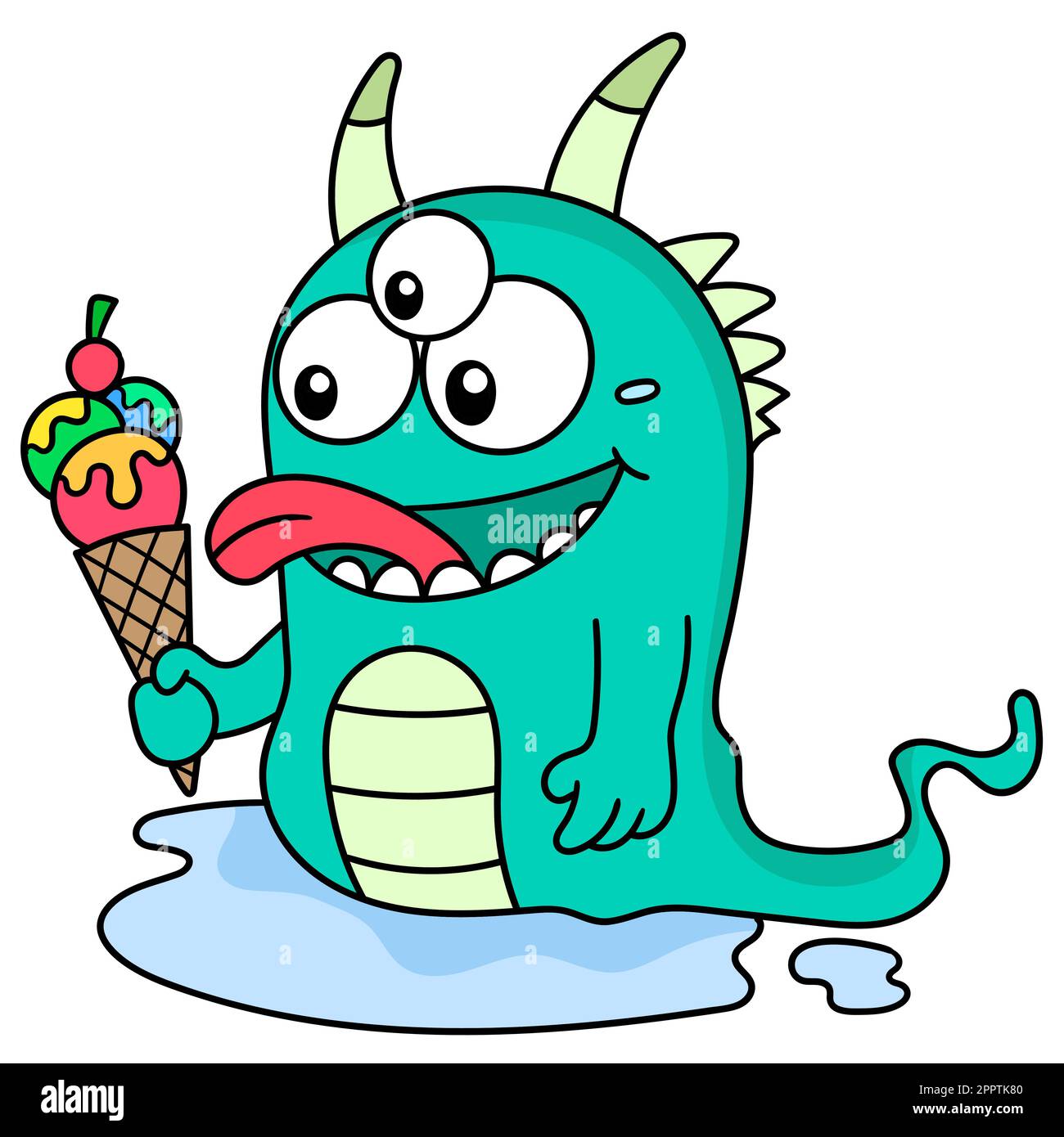 cute monster is carrying ice cream cone, doodle kawaii. doodle icon ...