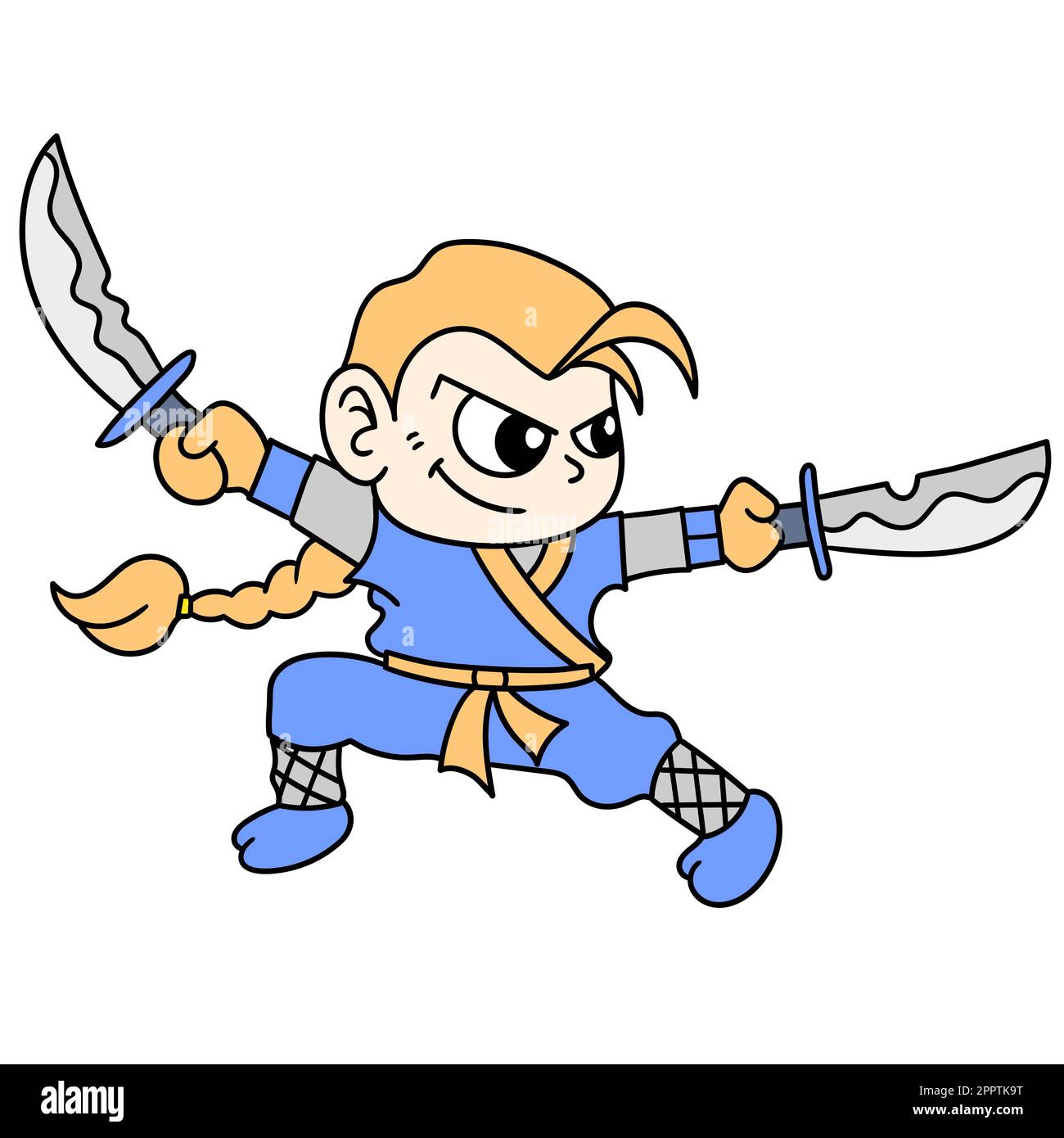 a ninja practicing using two sharp swords, doodle icon image Stock Vector
