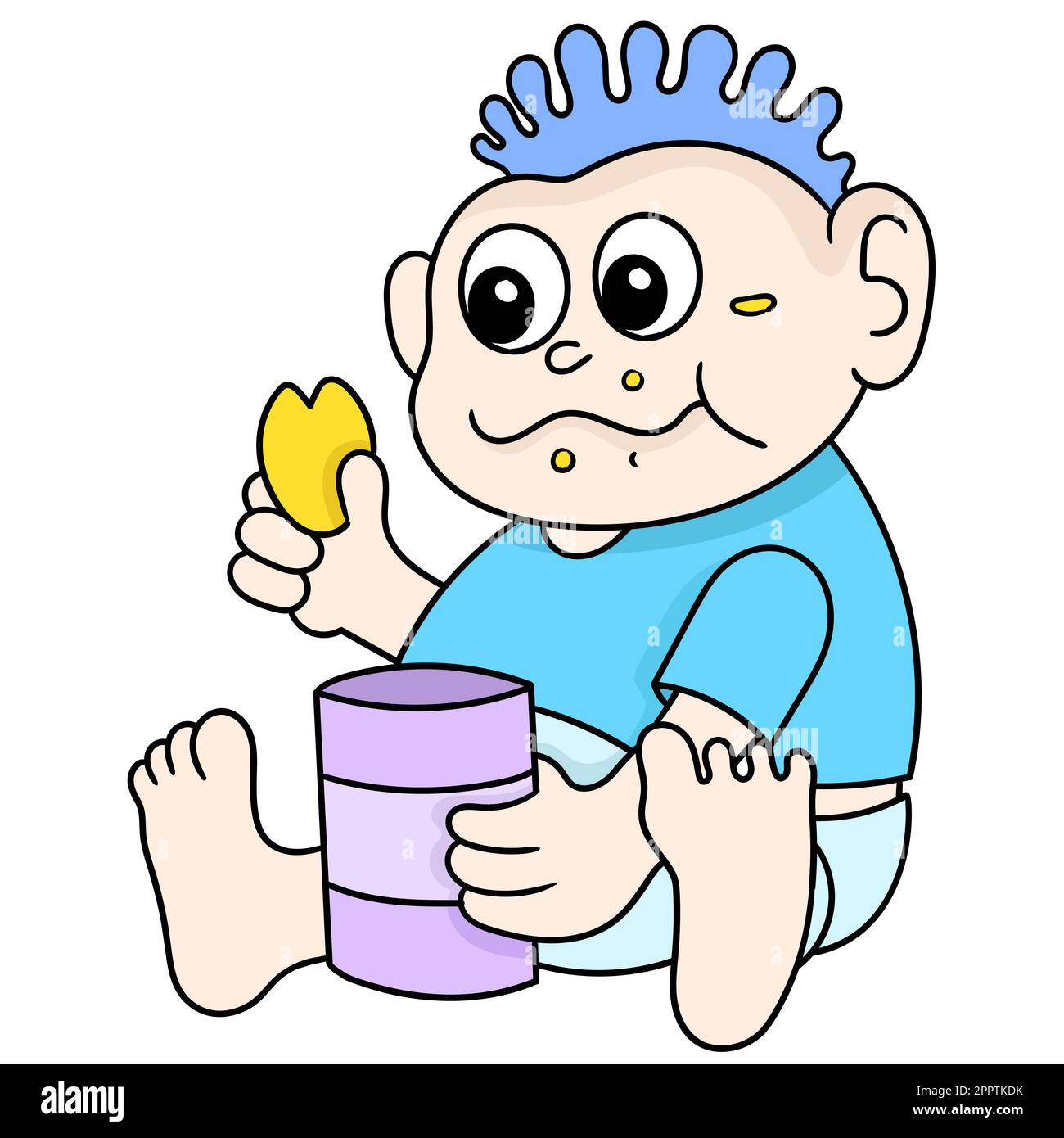a cute baby is eating biscuits heartily, doodle icon image Stock Vector