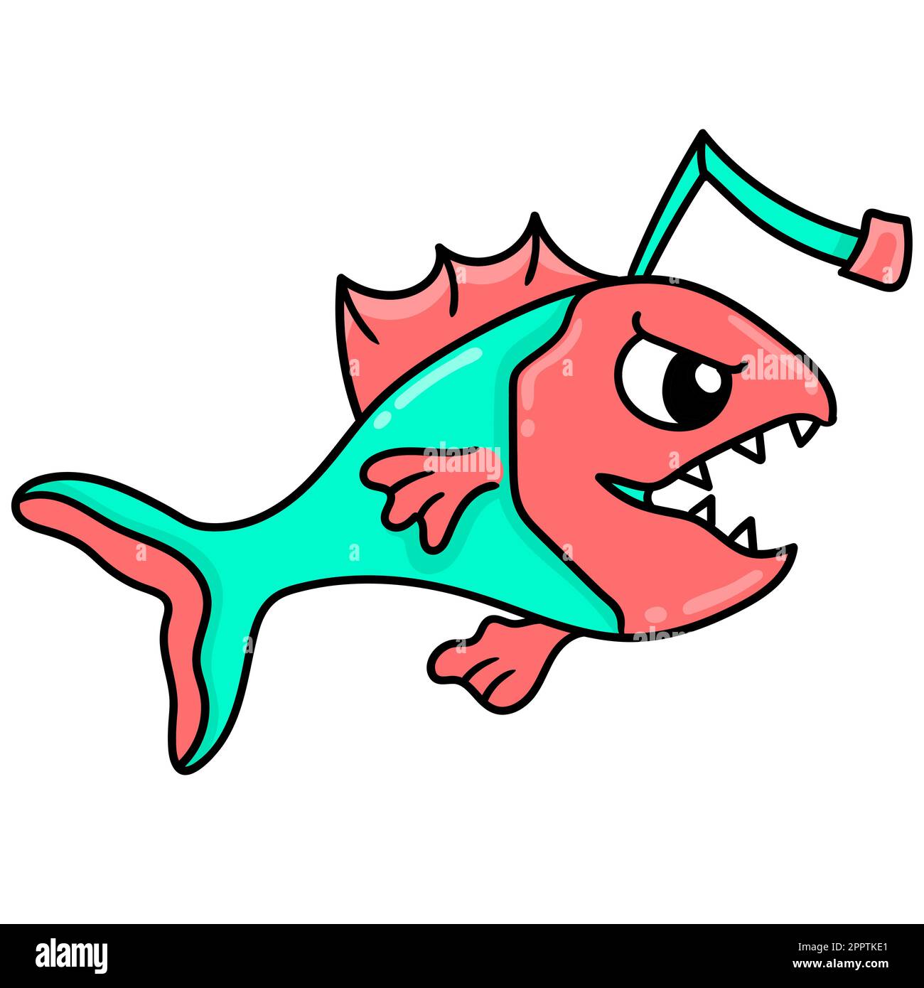 vicious sharp toothed fish from deep red waters, doodle icon image kawaii Stock Vector
