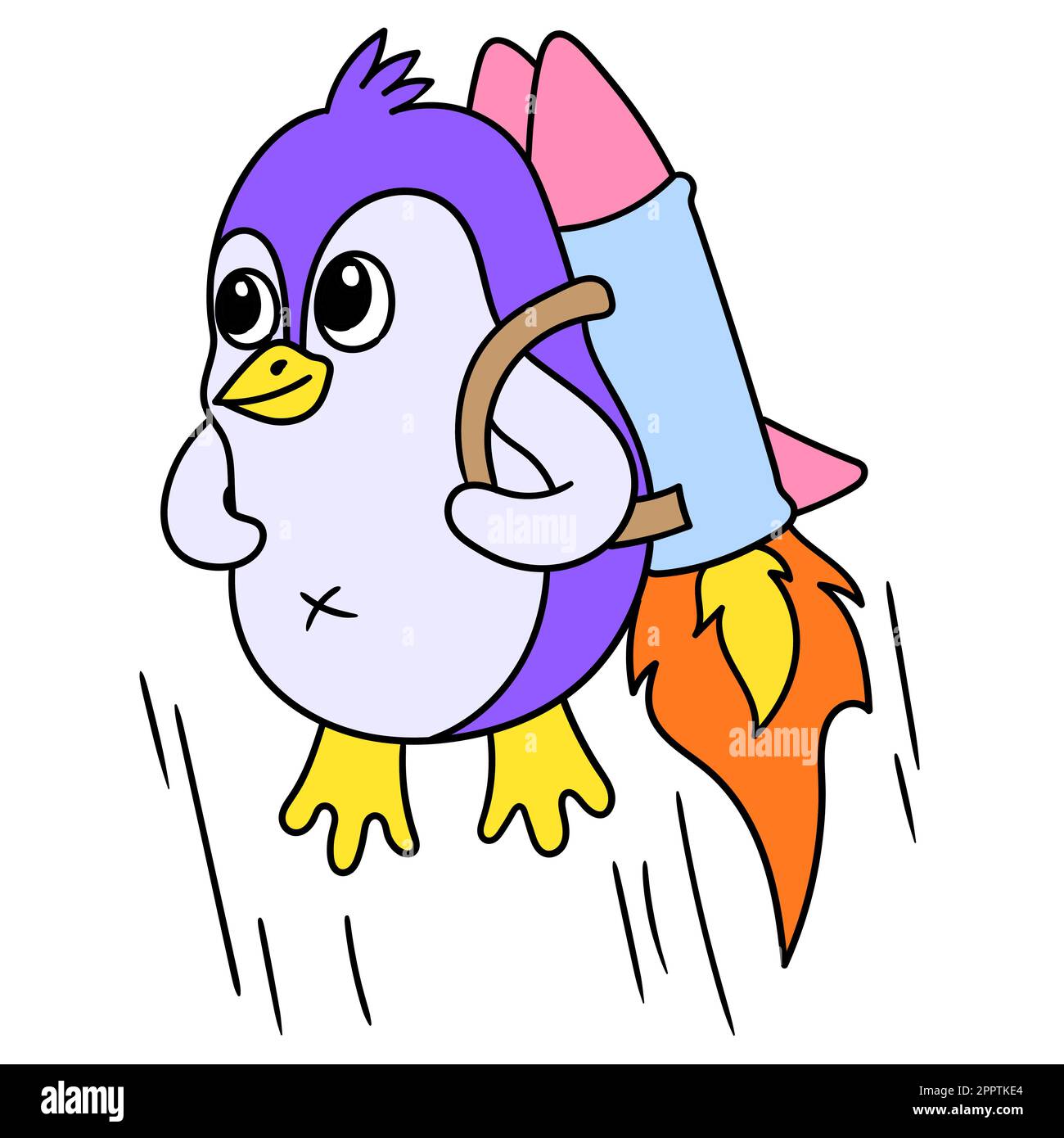 cute penguin flying using space rocket, doodle icon image Stock Vector ...