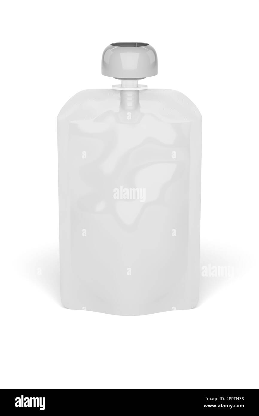 White empty plastic pouch for baby food, fruit puree, yogurt isolated on white background. Mock-up template for design. 3d rendering illustration. Stock Photo