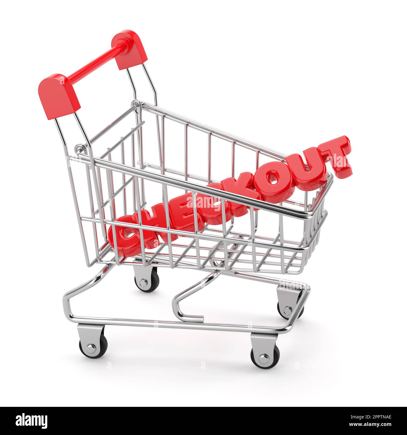 Shopping cart and checkout word isolated on white background. 3D