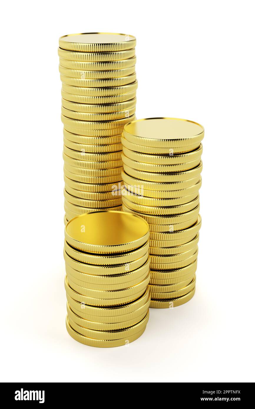 Golden coin stacks isolated on white background. 3D rendering ...