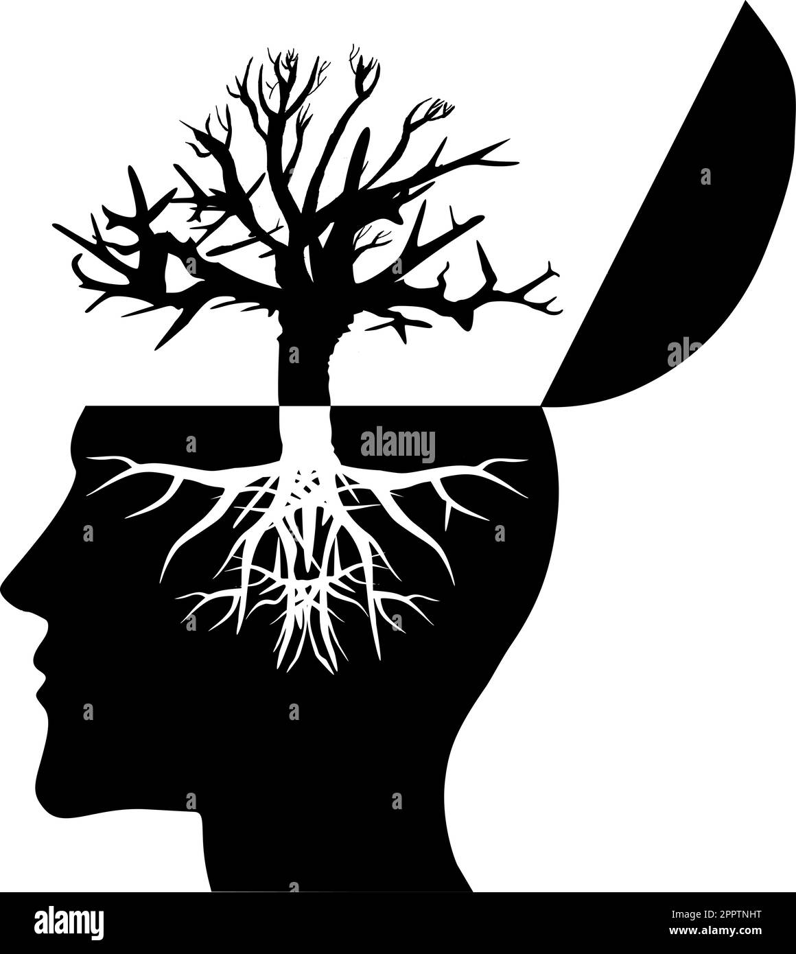 Silhouette: Open head with tree - rooted and growing branches Stock Vector