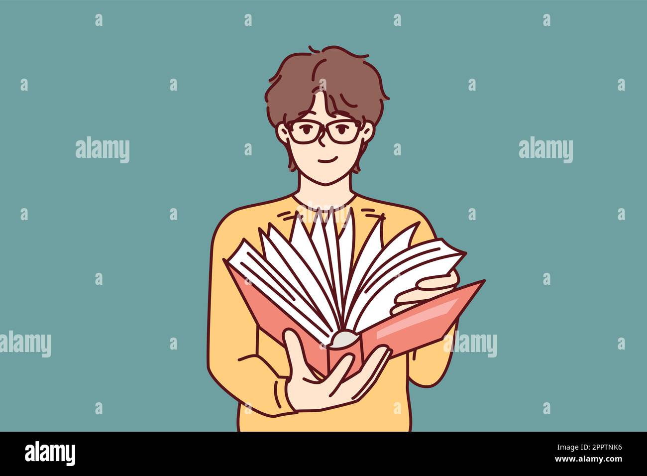 Guy student leafing through book in search information for preparation of essay given by teacher Stock Vector