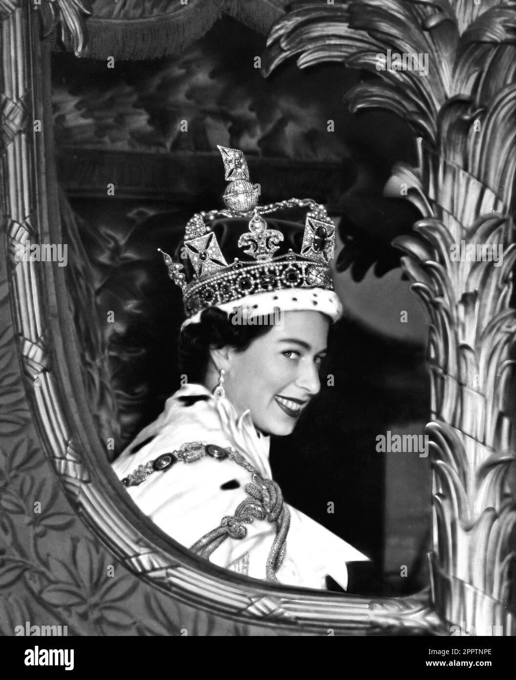 File photo dated 02/06/53 of Queen Elizabeth II, who succeeded her father King George VI on February 6, 1952, after her coronation ceremony in Westminster Abbey, London. The 1953 coronation was a morale boost in the tough post-war years as millions celebrated the historic day. Elizabeth II was crowned in a deeply religious ceremony in Westminster Abbey on June 2 1953. Issue date: Tuesday April 25, 2023. Stock Photo