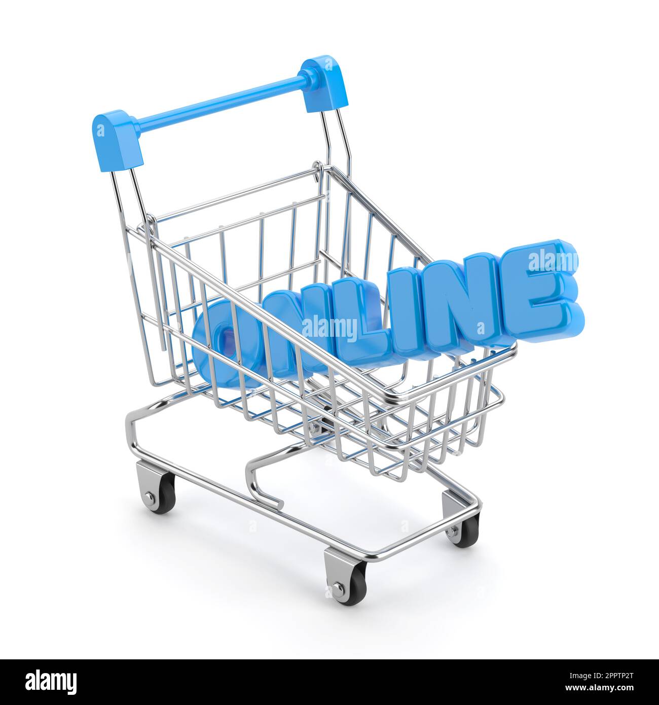 Shopping cart and Online word isolated on white background. 3D