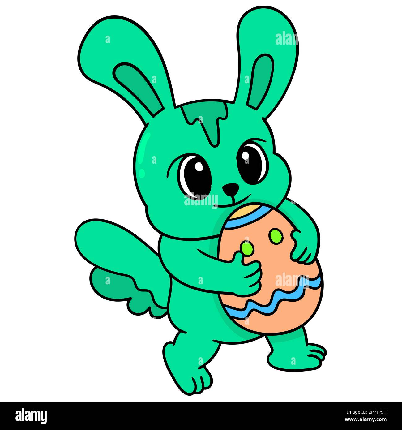 A green rabbit child walks holding an Easter egg, doodle icon image ...